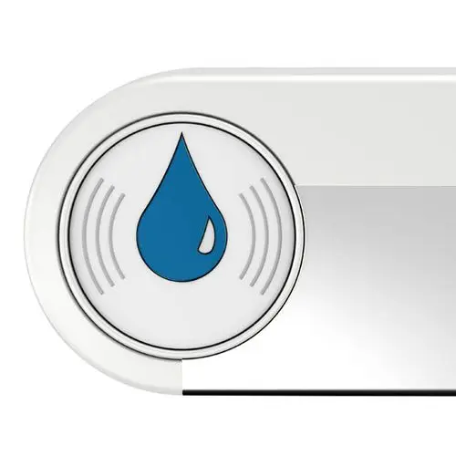Symbol einer blauen Wassertropfen-Grafik auf weißem Hintergrund, umgeben von Wellenlinien, die Bewegung oder Wasserfluss darstellen.